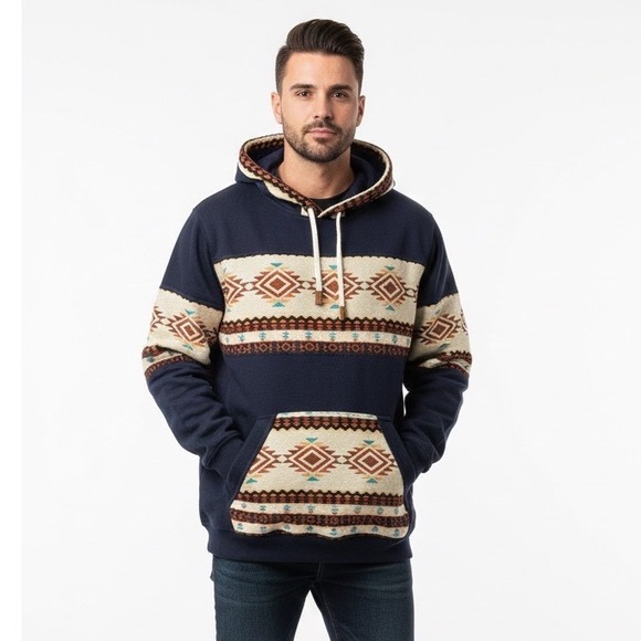 AMAWA Southwestern Hoodie Aztec Wool Blend Navy Blue Ecuador Pullover Men's 2XL - Picture 2 of 7